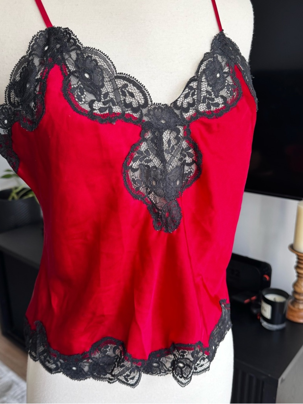 Y2K Victoria's Secret Red Satin Tank Top with Black Lace Trim